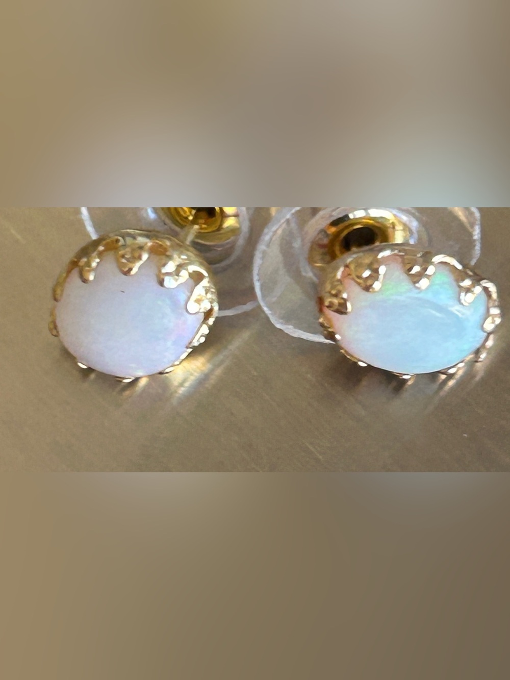 Vintage 1980 14k Gold Opal Stud Earrings - Iridescent White Opal - Picture 7 of 14